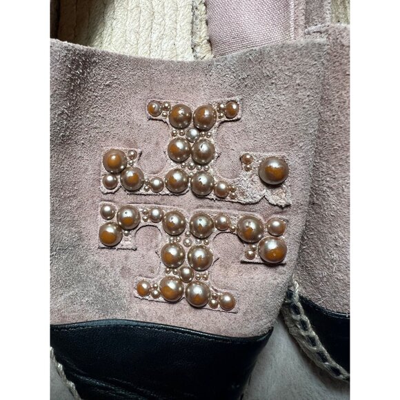 Tory Burch Pink Suede Espadrille Flats W/ Pearl Logo & Black Toe Cap - Picture 3 of 13